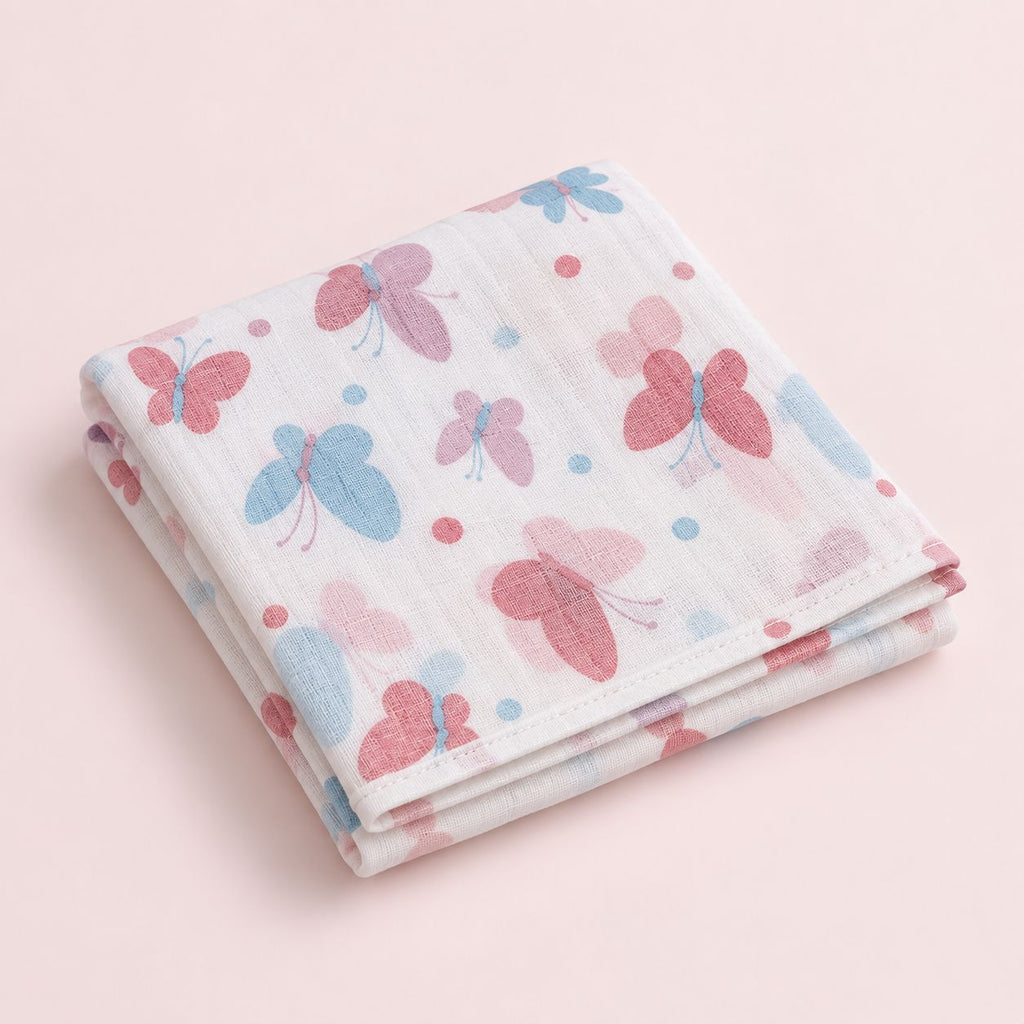 Cotton Muslin Baby Bath Towels 75 x 150 cm - Butterfly Blush Print | Newborn & Infant