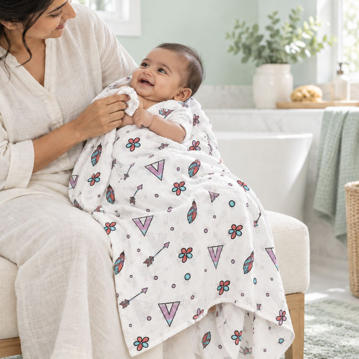 Cotton Muslin Baby Bath Towels 75 x 150 cm - Boho Bloom Print | Newborn & Infant