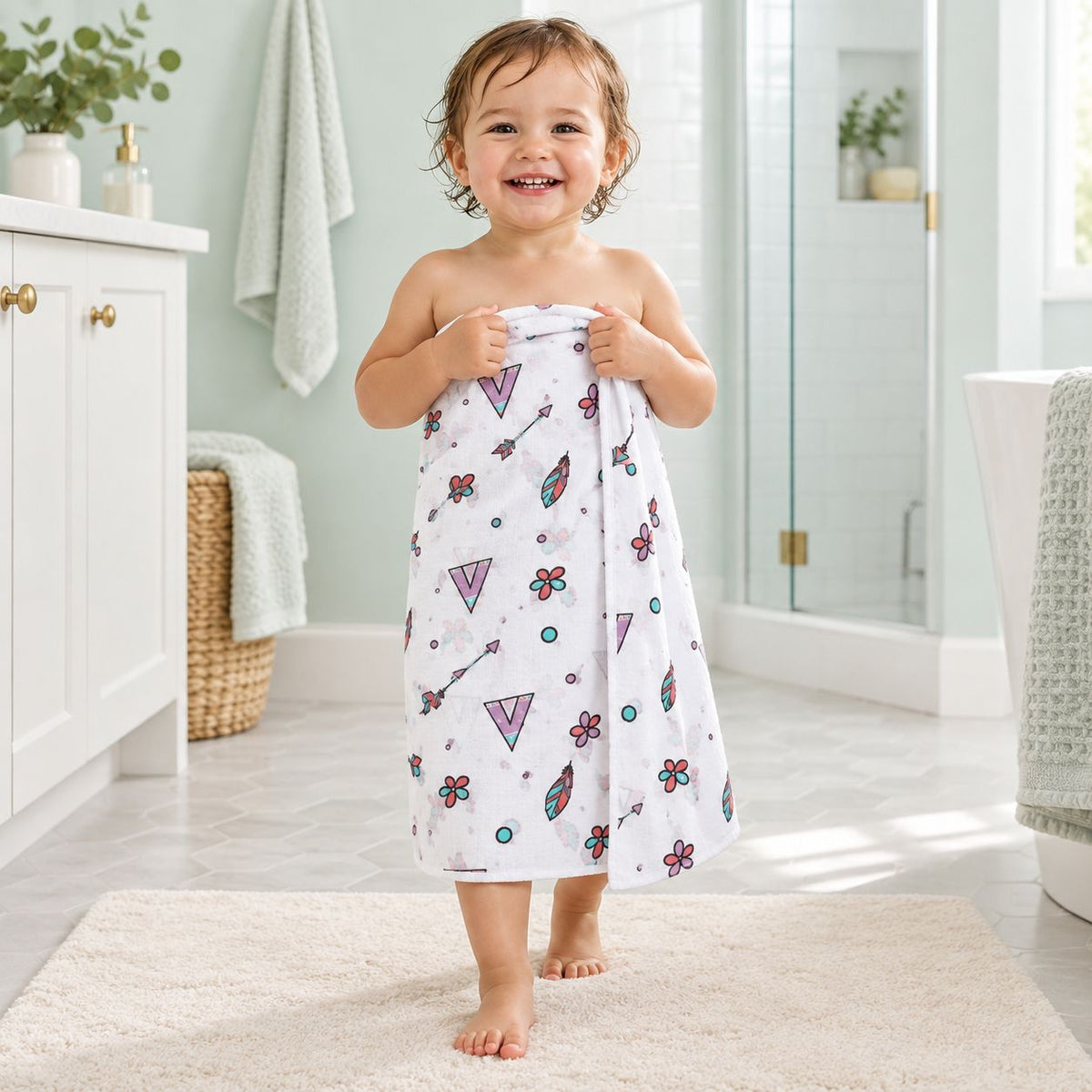Cotton Muslin Baby Bath Towels 75 x 150 cm - Boho Bloom Print | Newborn & Infant