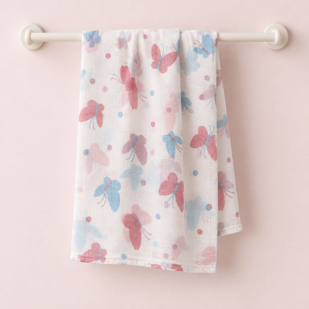 Cotton Muslin Baby Bath Towels 75 x 150 cm - Butterfly Blush Print | Newborn & Infant
