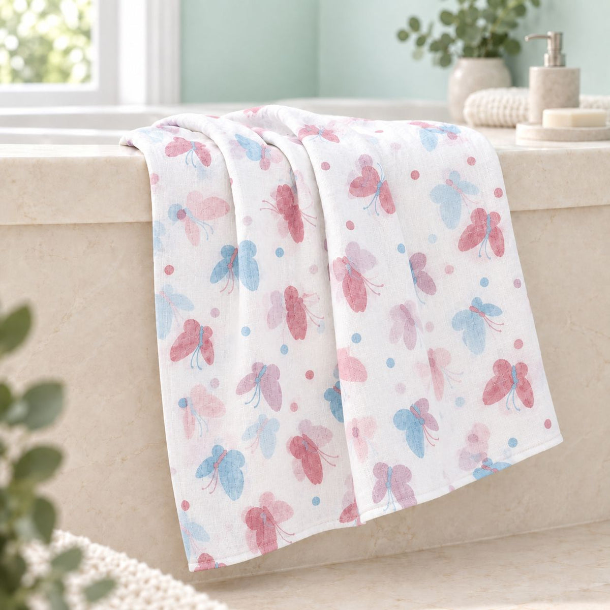 Cotton Muslin Baby Bath Towels 75 x 150 cm - Butterfly Blush Print | Newborn & Infant