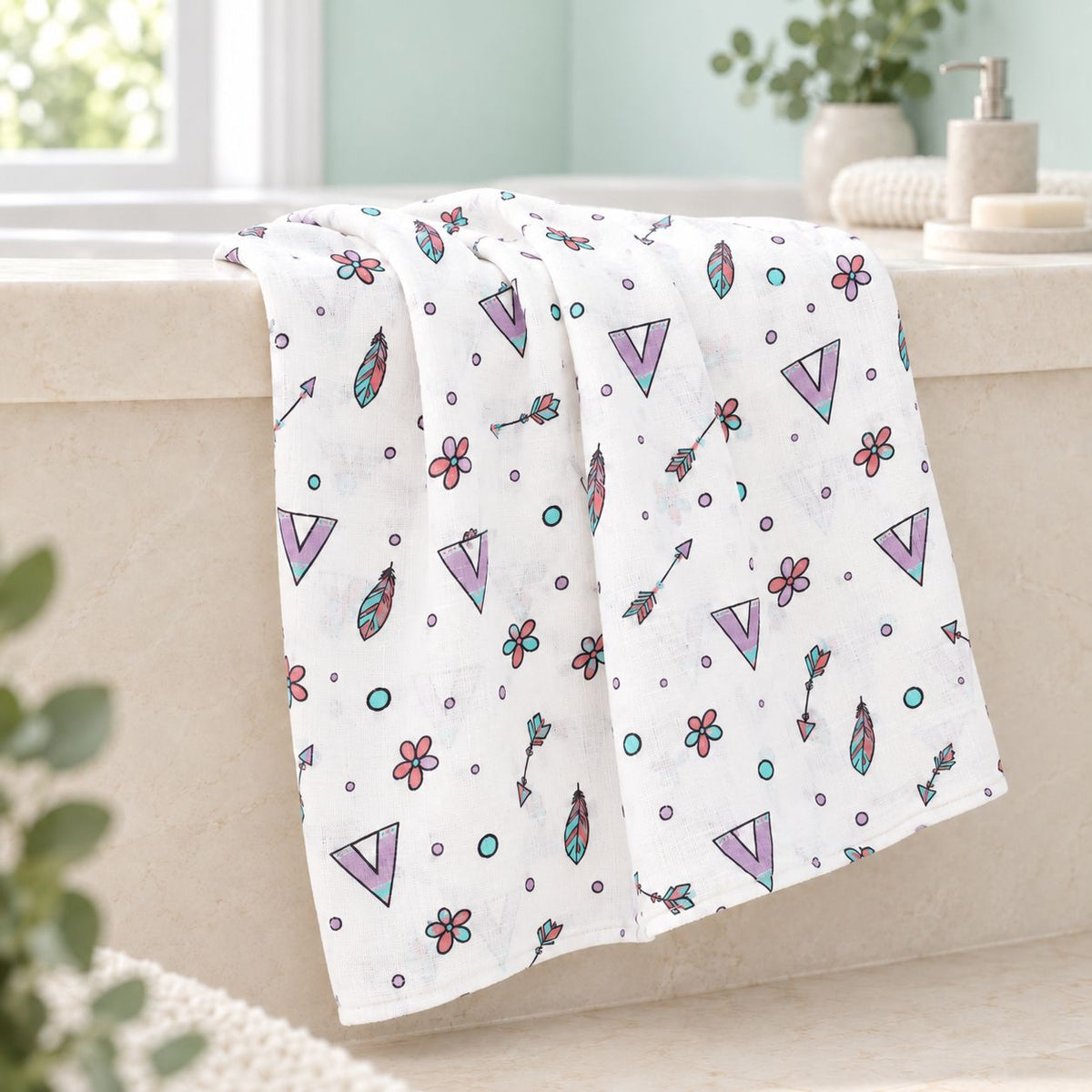Cotton Muslin Baby Bath Towels 75 x 150 cm - Boho Bloom Print | Newborn & Infant