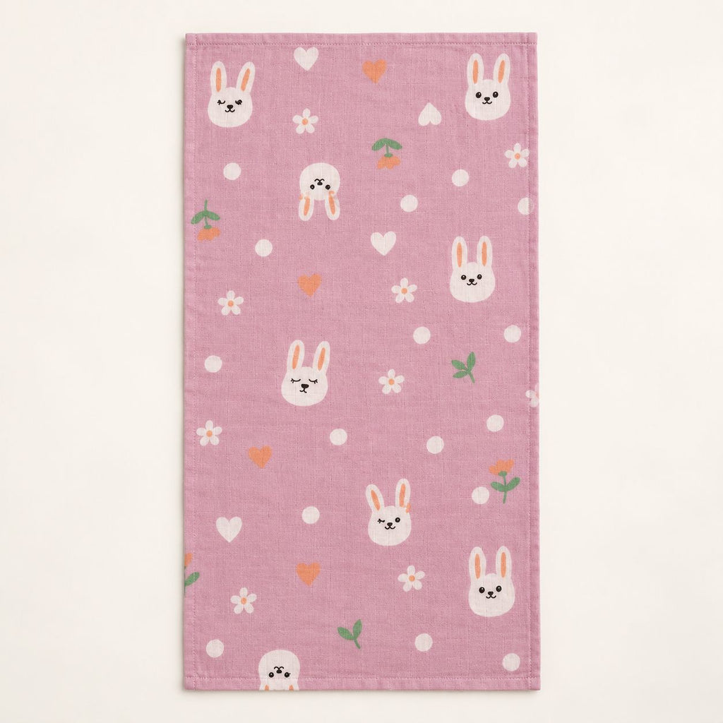 Cotton Muslin Baby Bath Towels 75 x 150 cm - Bunny Hearts Print | Newborn & Infant