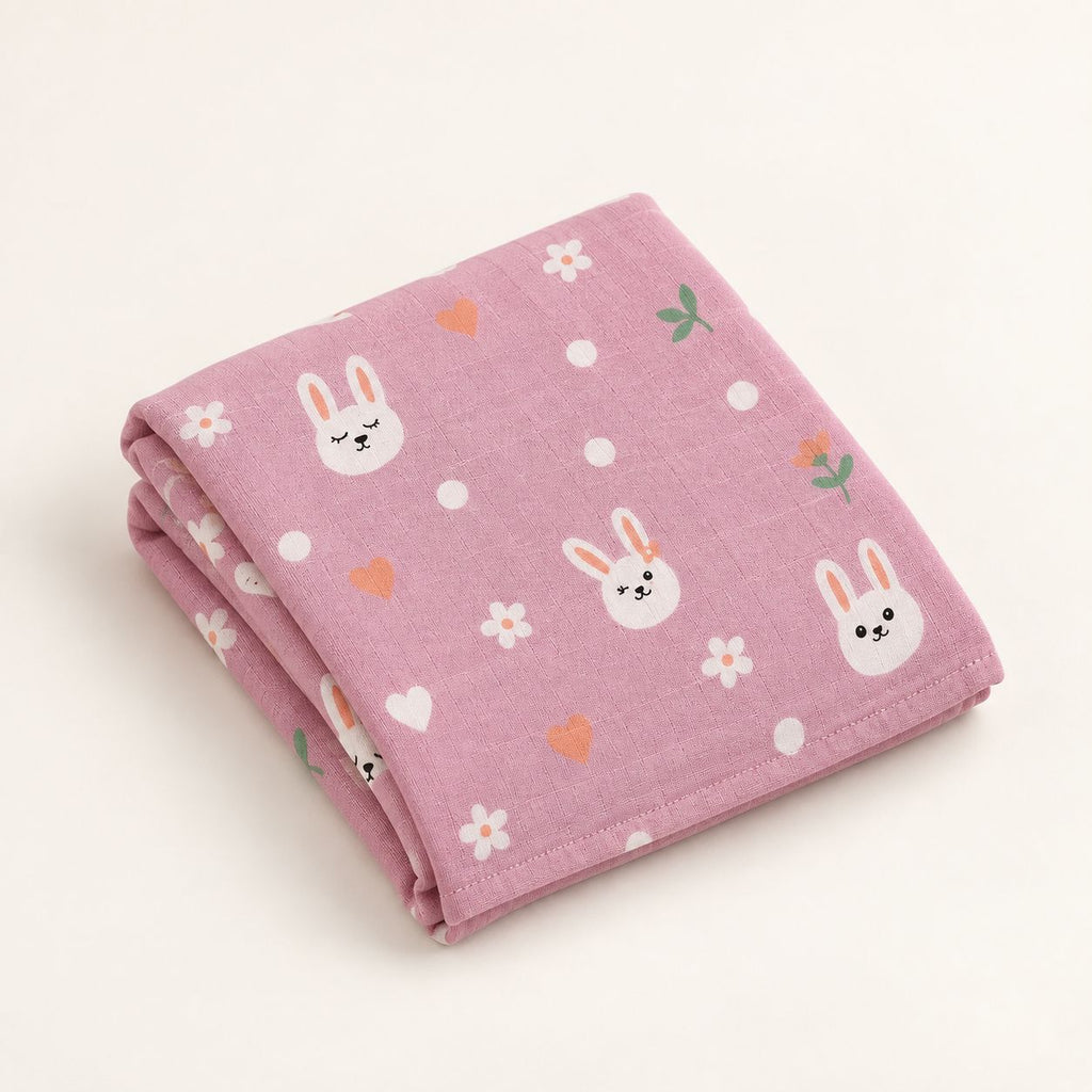 Cotton Muslin Baby Bath Towels 75 x 150 cm - Bunny Hearts Print | Newborn & Infant