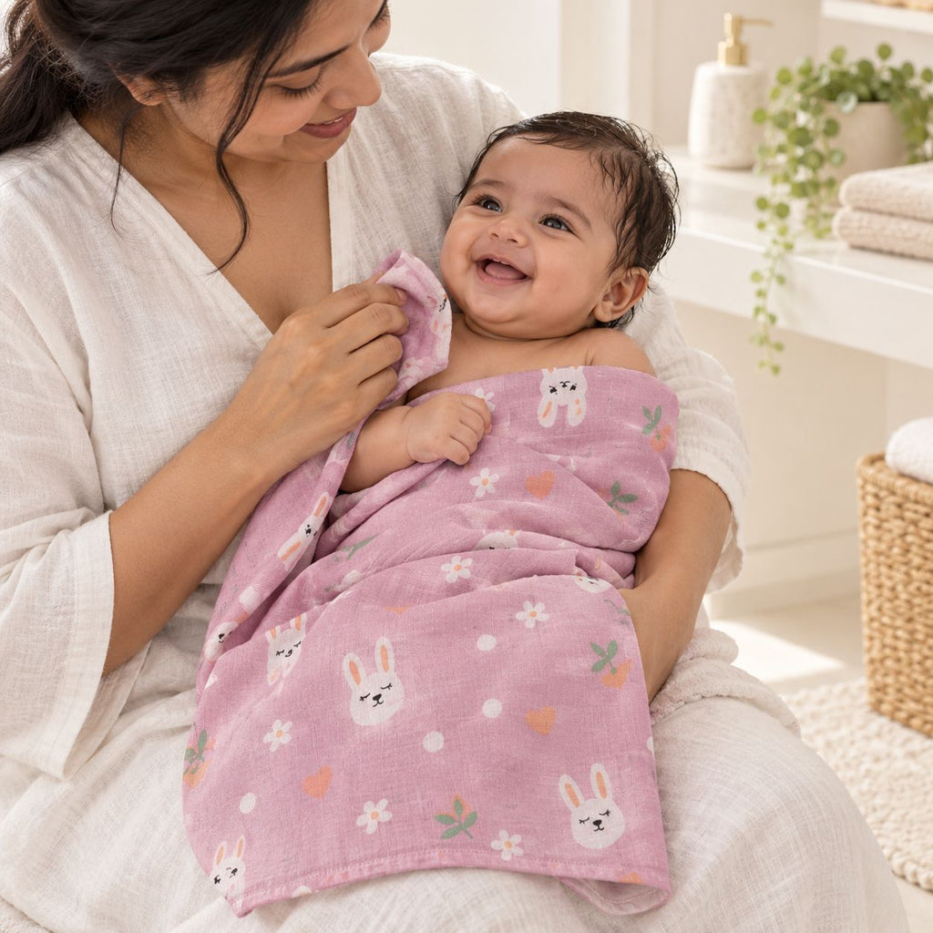Cotton Muslin Baby Bath Towels 75 x 150 cm - Bunny Hearts Print | Newborn & Infant