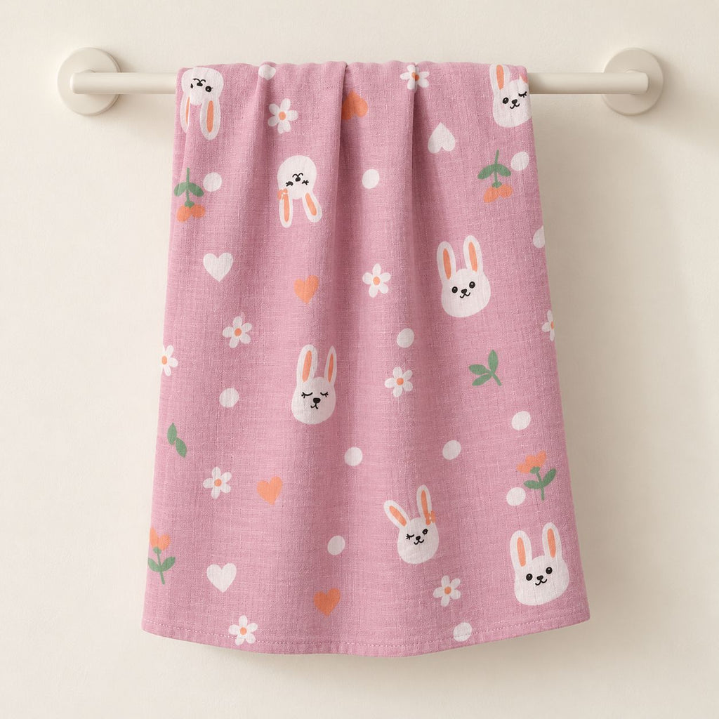 Cotton Muslin Baby Bath Towels 75 x 150 cm - Bunny Hearts Print | Newborn & Infant