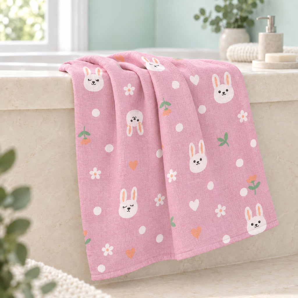 Cotton Muslin Baby Bath Towels 75 x 150 cm - Bunny Hearts Print | Newborn & Infant
