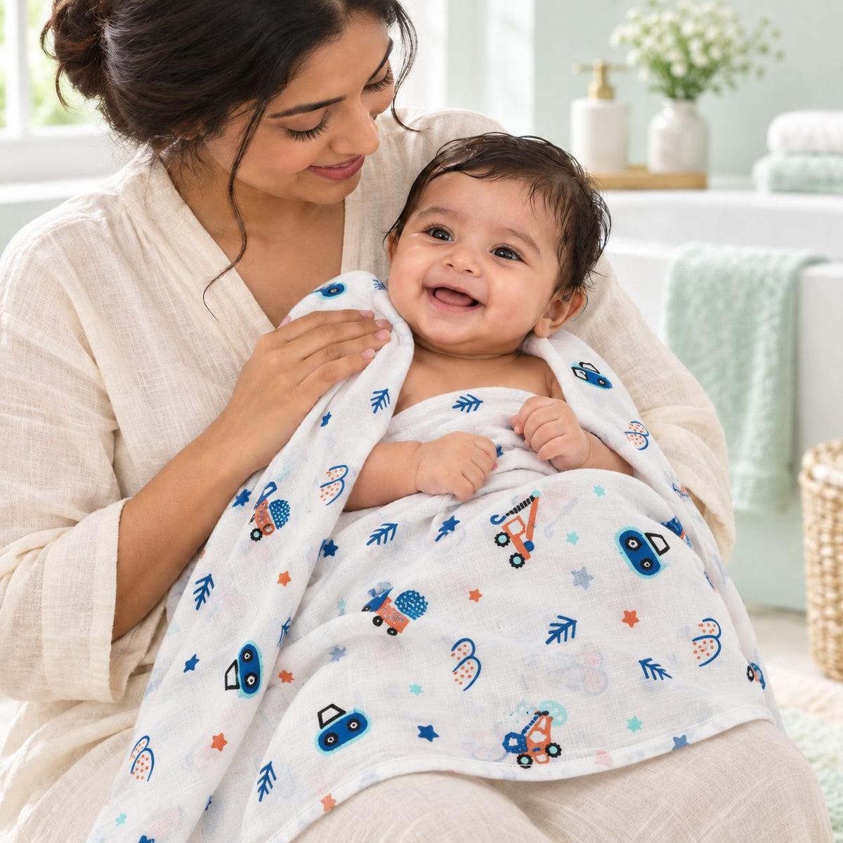 Cotton Muslin Baby Bath Towels 75 x 150 cm - Crane Crew Print | Newborn & Infant