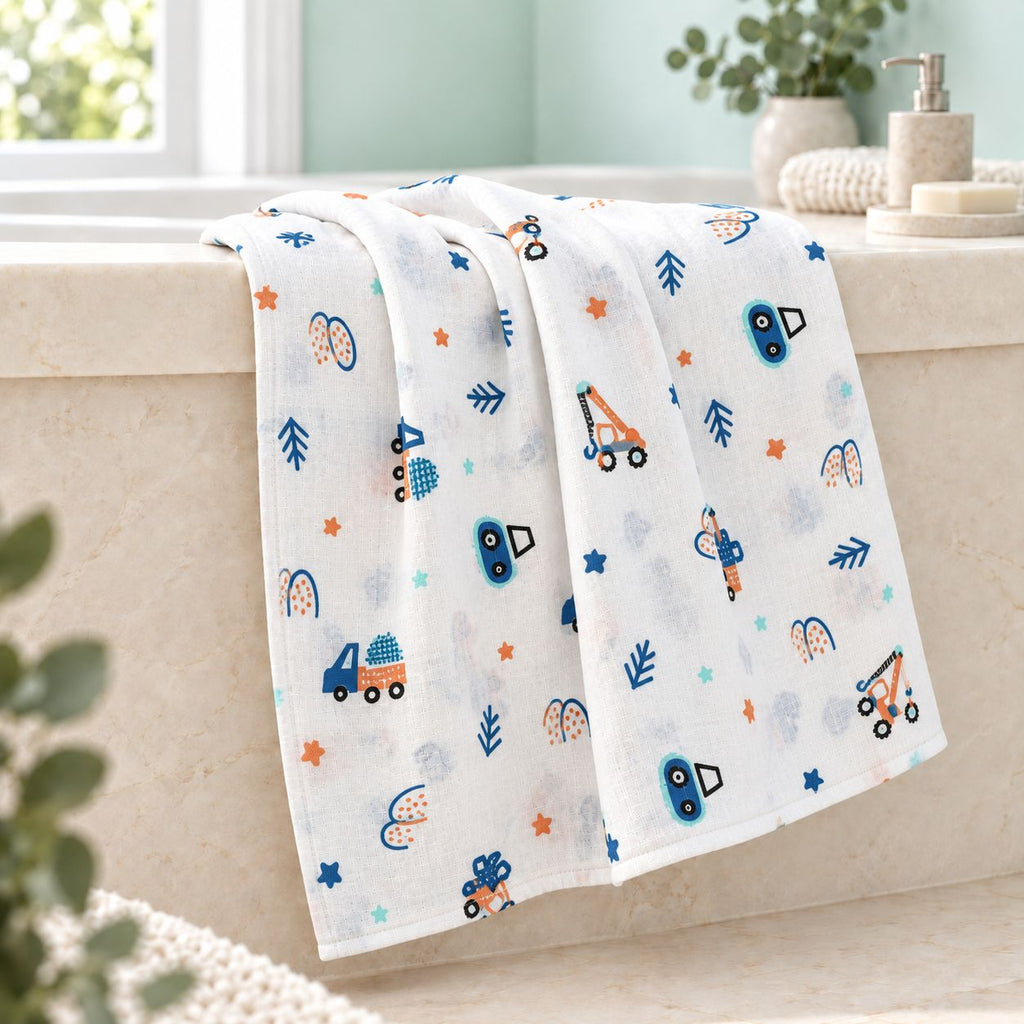 Cotton Muslin Baby Bath Towels 75 x 150 cm - Crane Crew Print | Newborn & Infant