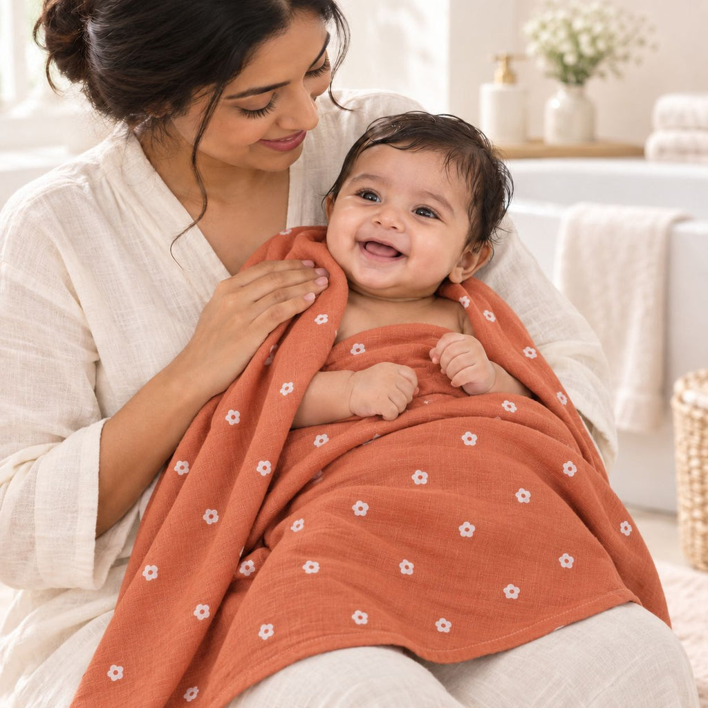 Cotton Muslin Baby Bath Towel 75x150 cm - Daisy Daze Print | Newborn & Infant