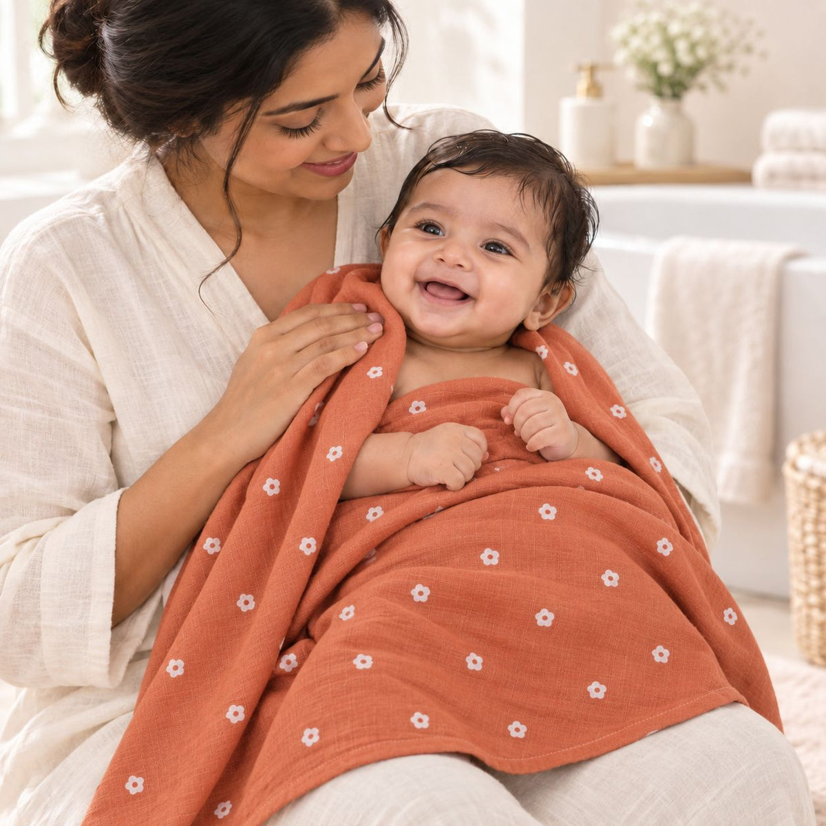 Cotton Muslin Baby Bath Towel 75x150 cm - Daisy Daze Print | Newborn & Infant