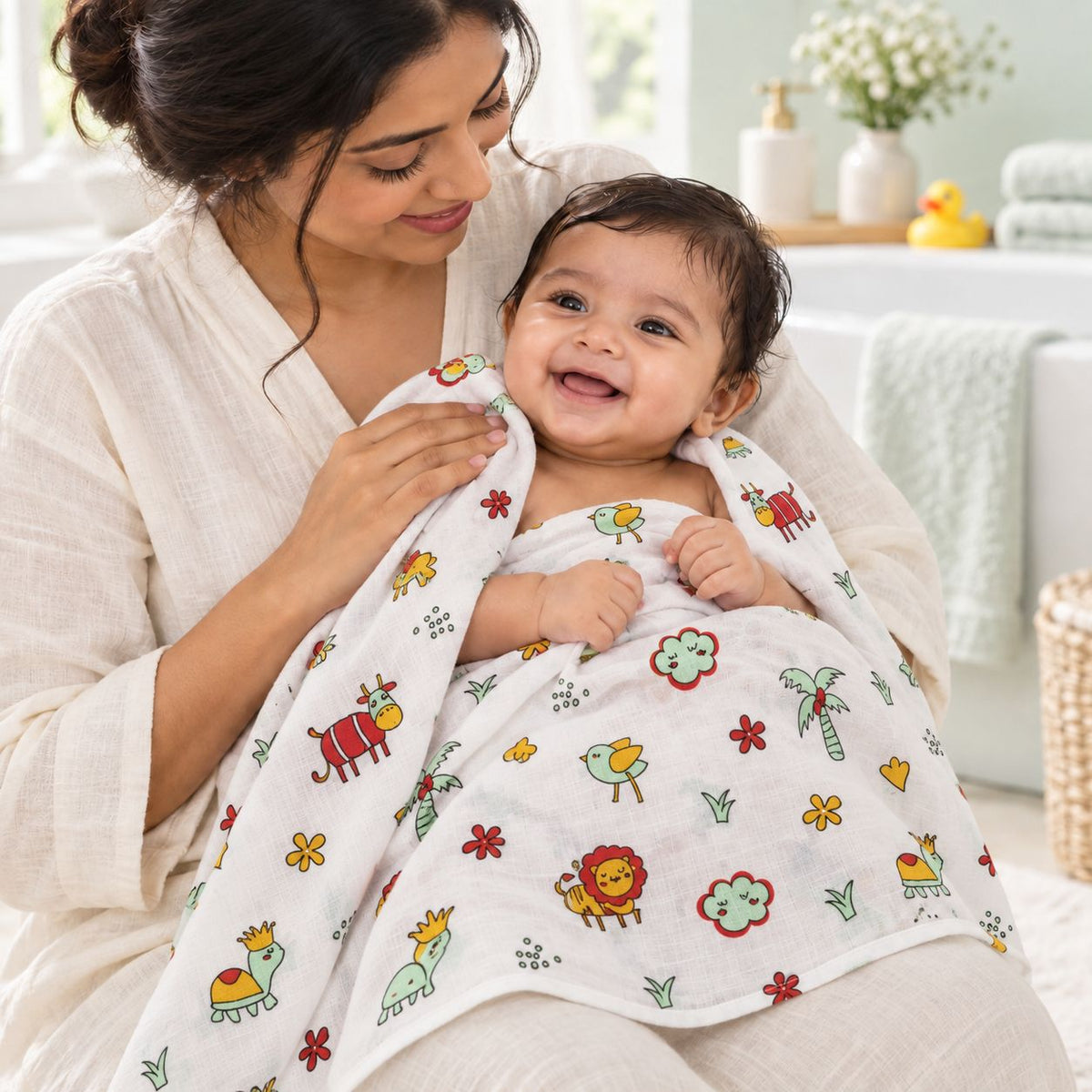 Cotton Muslin Baby Bath Towels 75 x 150 cm -  Farm Buddies Print | Newborn & Infant
