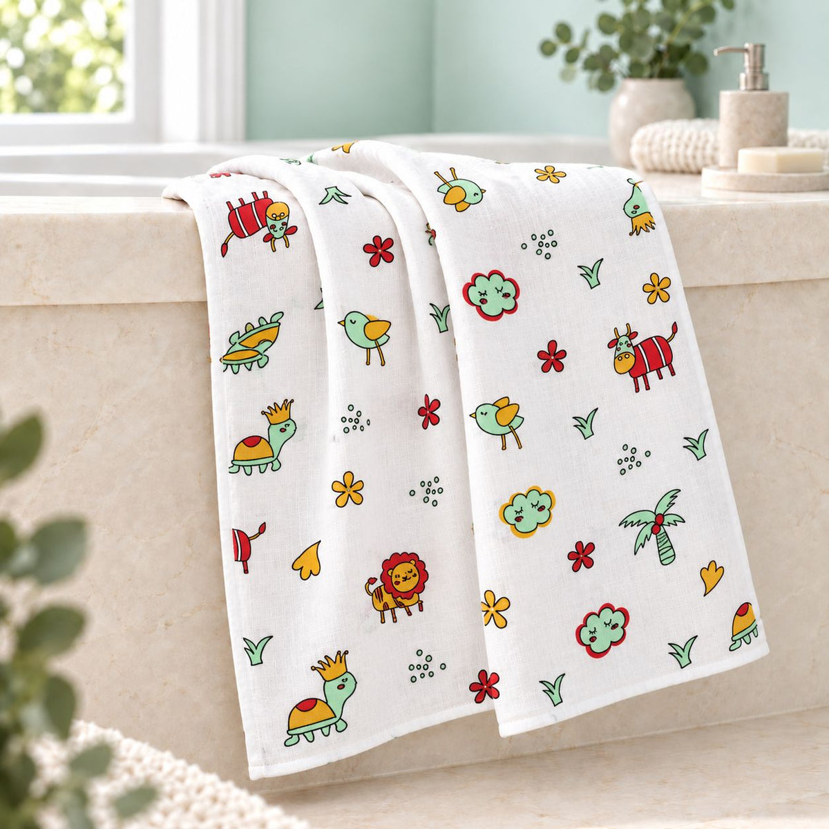 Cotton Muslin Baby Bath Towels 75 x 150 cm -  Farm Buddies Print | Newborn & Infant