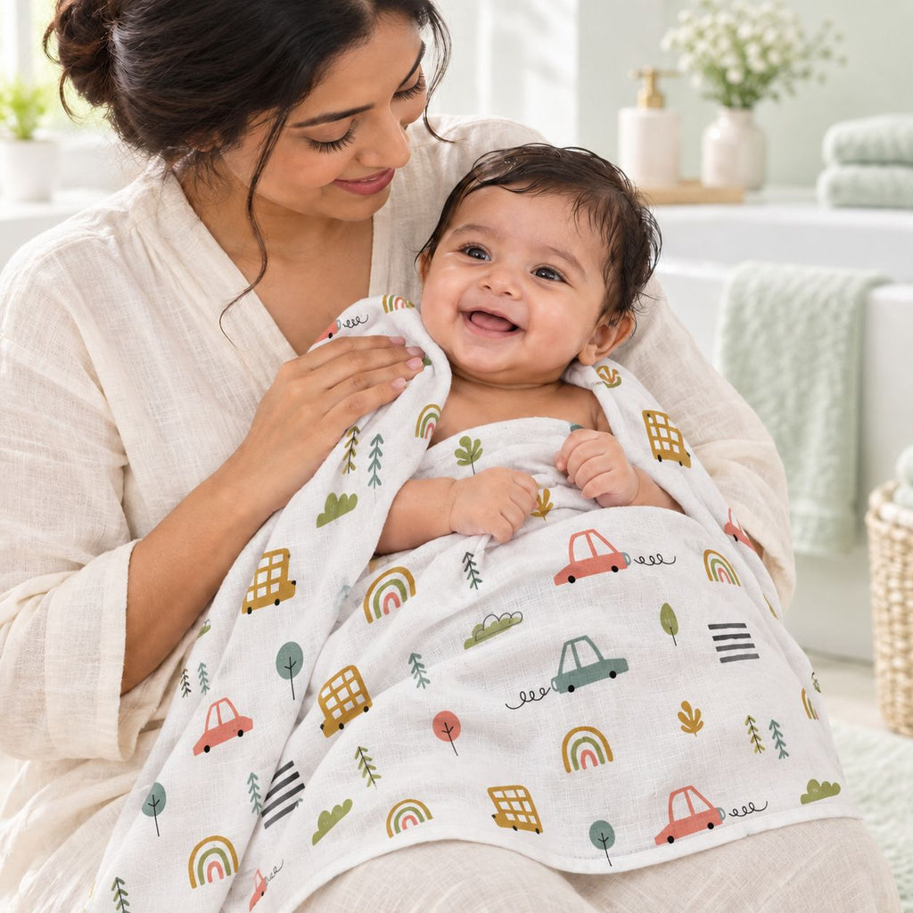 Cotton Muslin Baby Bath Towels 75 x 150 cm -  Little Wheels Print | Newborn & Infant