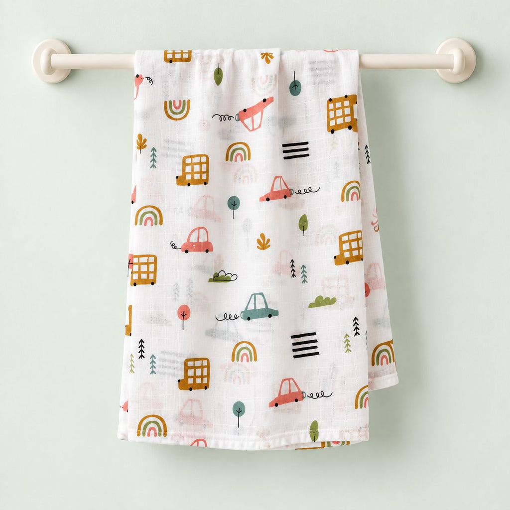Cotton Muslin Baby Bath Towels 75 x 150 cm -  Little Wheels Print | Newborn & Infant