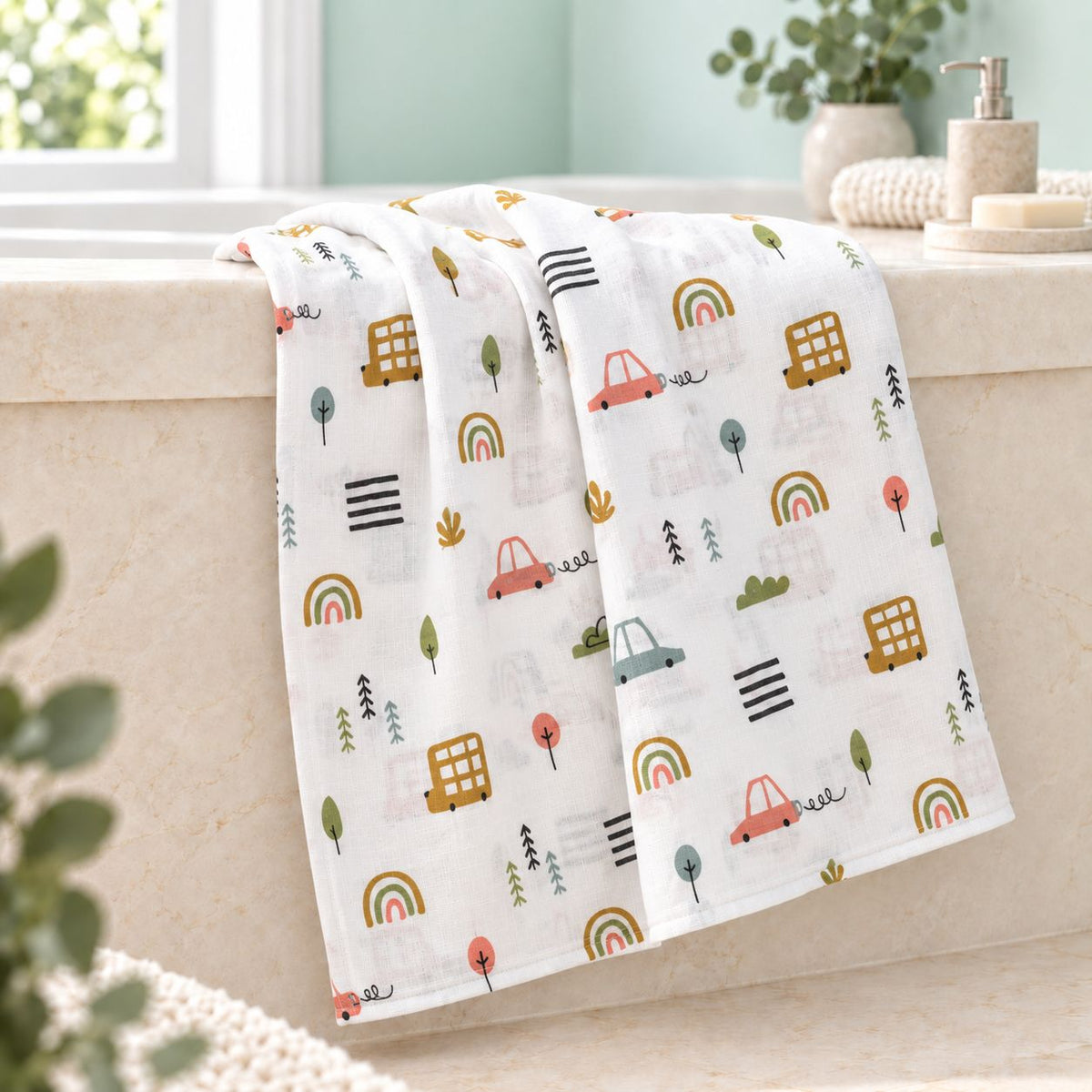 Cotton Muslin Baby Bath Towels 75 x 150 cm -  Little Wheels Print | Newborn & Infant