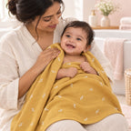 Cotton Muslin Baby Bath Towels 75 x 150 cm - Mustard Sprig Print | Newborn & Infant