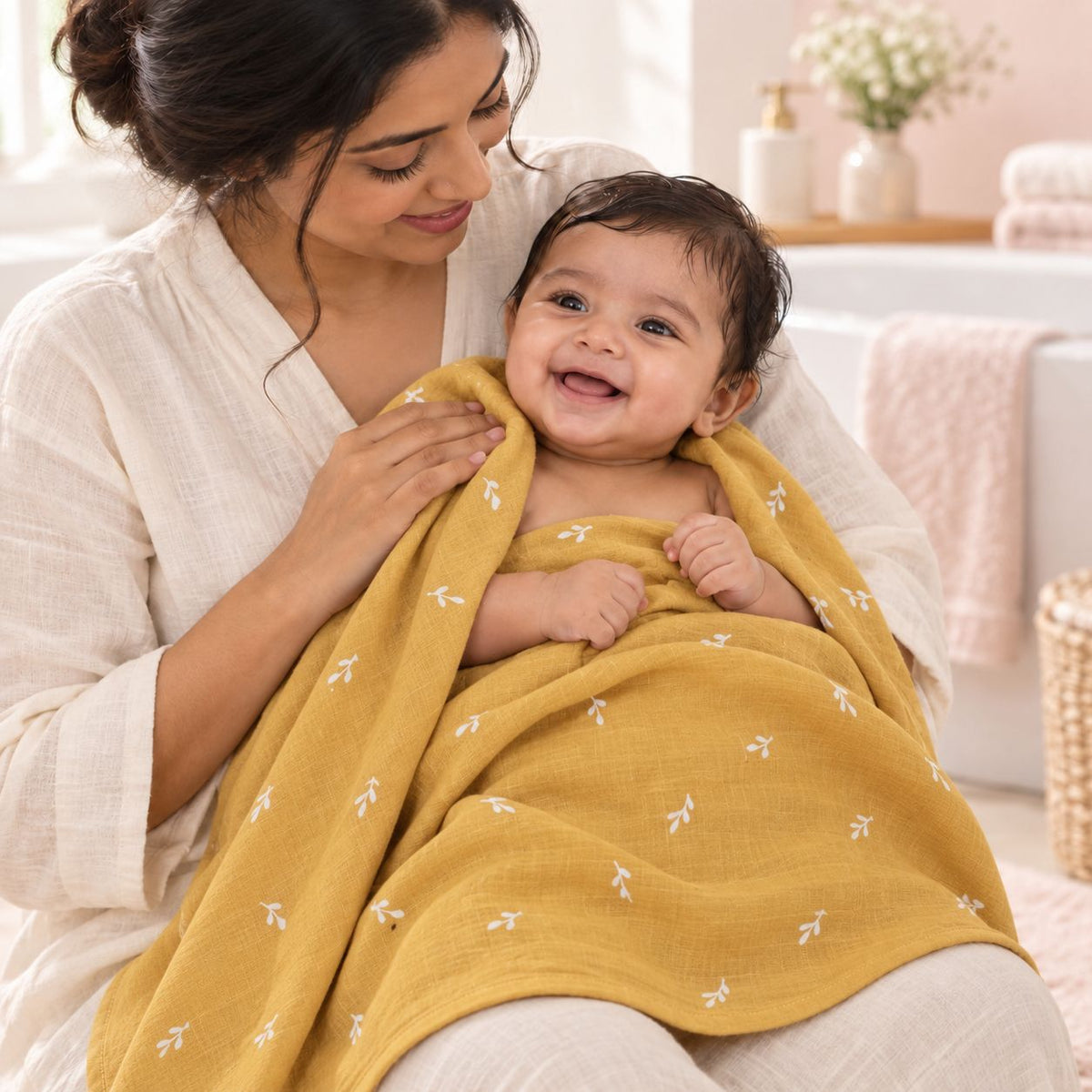 Cotton Muslin Baby Bath Towels 75 x 150 cm - Mustard Sprig Print | Newborn & Infant