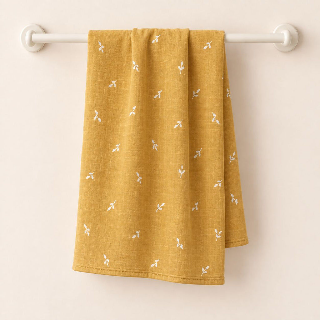 Cotton Muslin Baby Bath Towels 75 x 150 cm - Mustard Sprig Print | Newborn & Infant