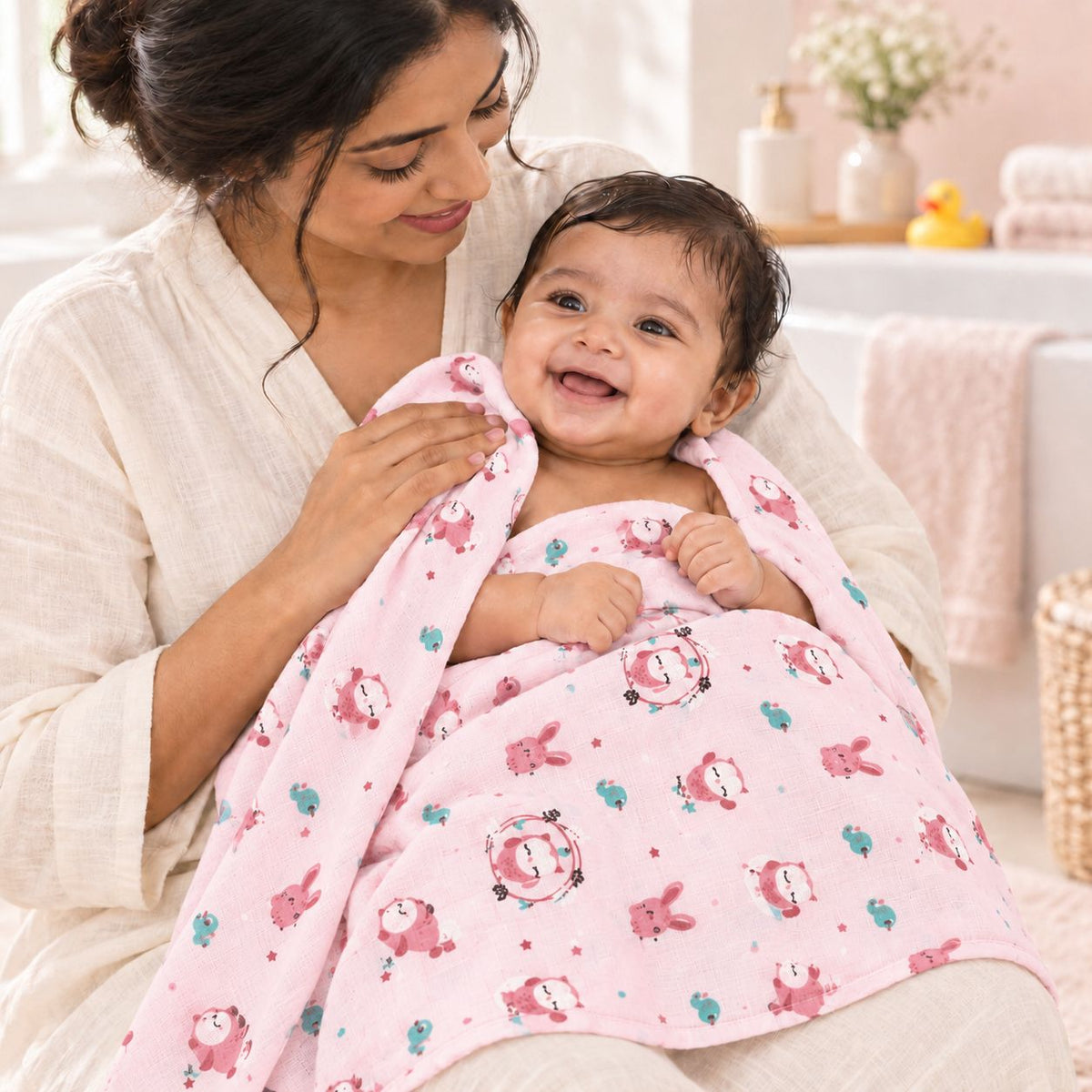 Cotton Muslin Baby Bath Towels 75 x 150 cm - Pink Forest Nights Print | Newborn & Infant
