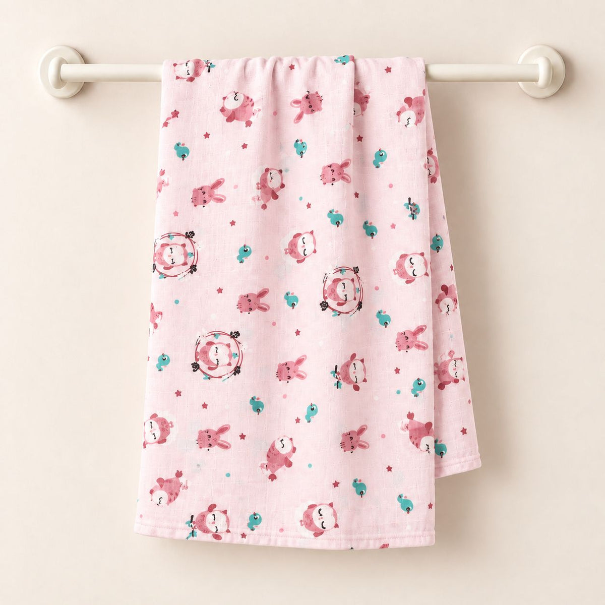 Cotton Muslin Baby Bath Towels 75 x 150 cm - Pink Forest Nights Print | Newborn & Infant
