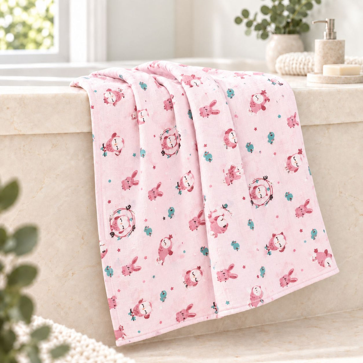 Cotton Muslin Baby Bath Towels 75 x 150 cm - Pink Forest Nights Print | Newborn & Infant