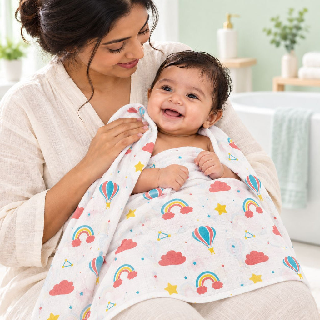 Cotton Muslin Baby Bath Towels 75 x 150 cm -  Rainbow Rides Print | Newborn & Infant