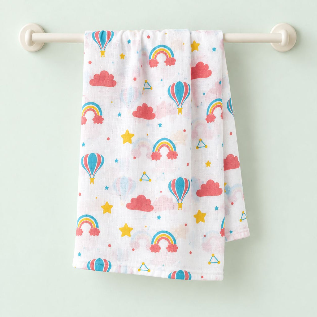 Cotton Muslin Baby Bath Towels 75 x 150 cm -  Rainbow Rides Print | Newborn & Infant