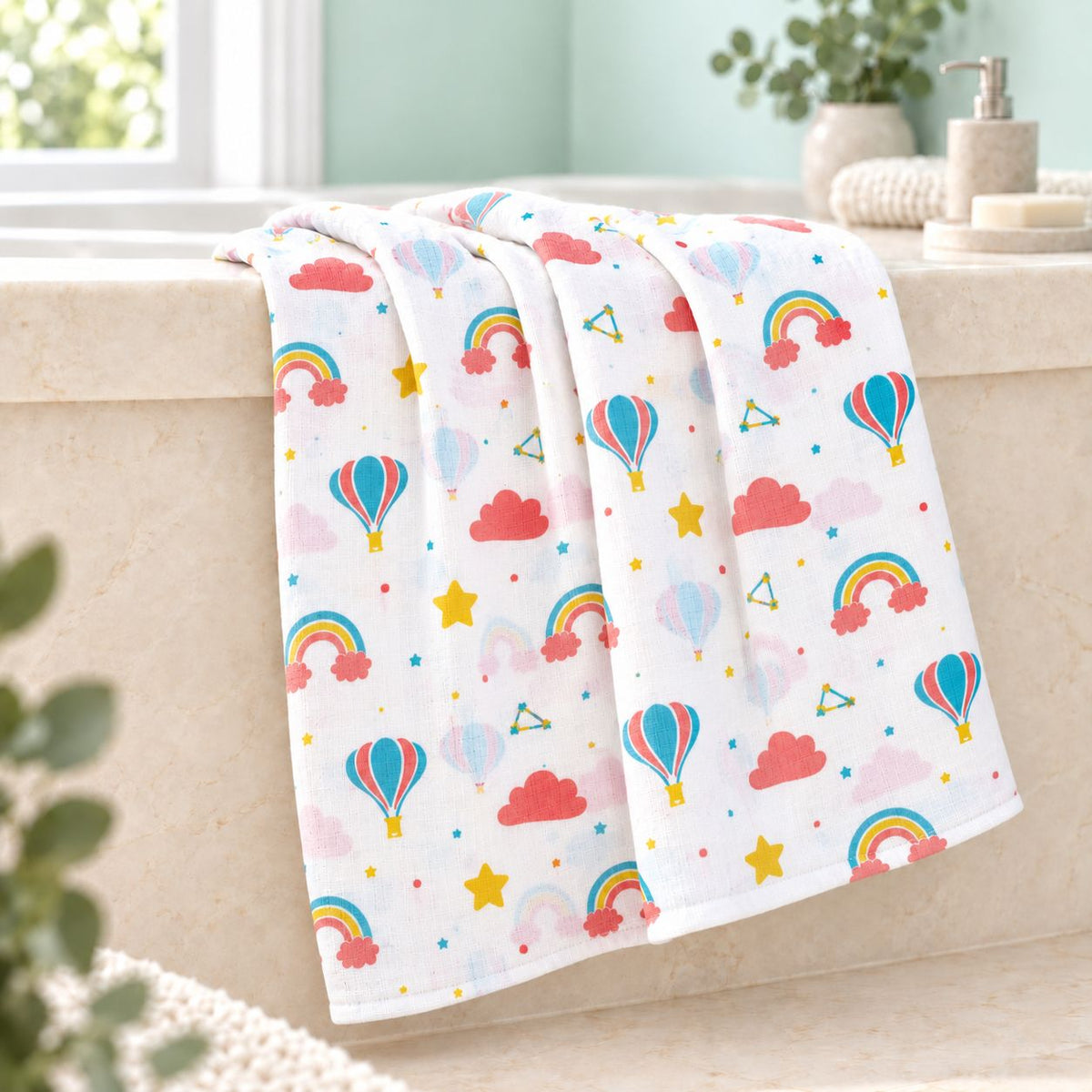 Cotton Muslin Baby Bath Towels 75 x 150 cm -  Rainbow Rides Print | Newborn & Infant