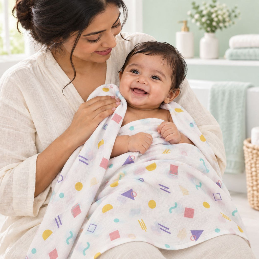 Cotton Muslin Baby Bath Towels 75 x 150 cm -  Shape Pops Print | Newborn & Infant