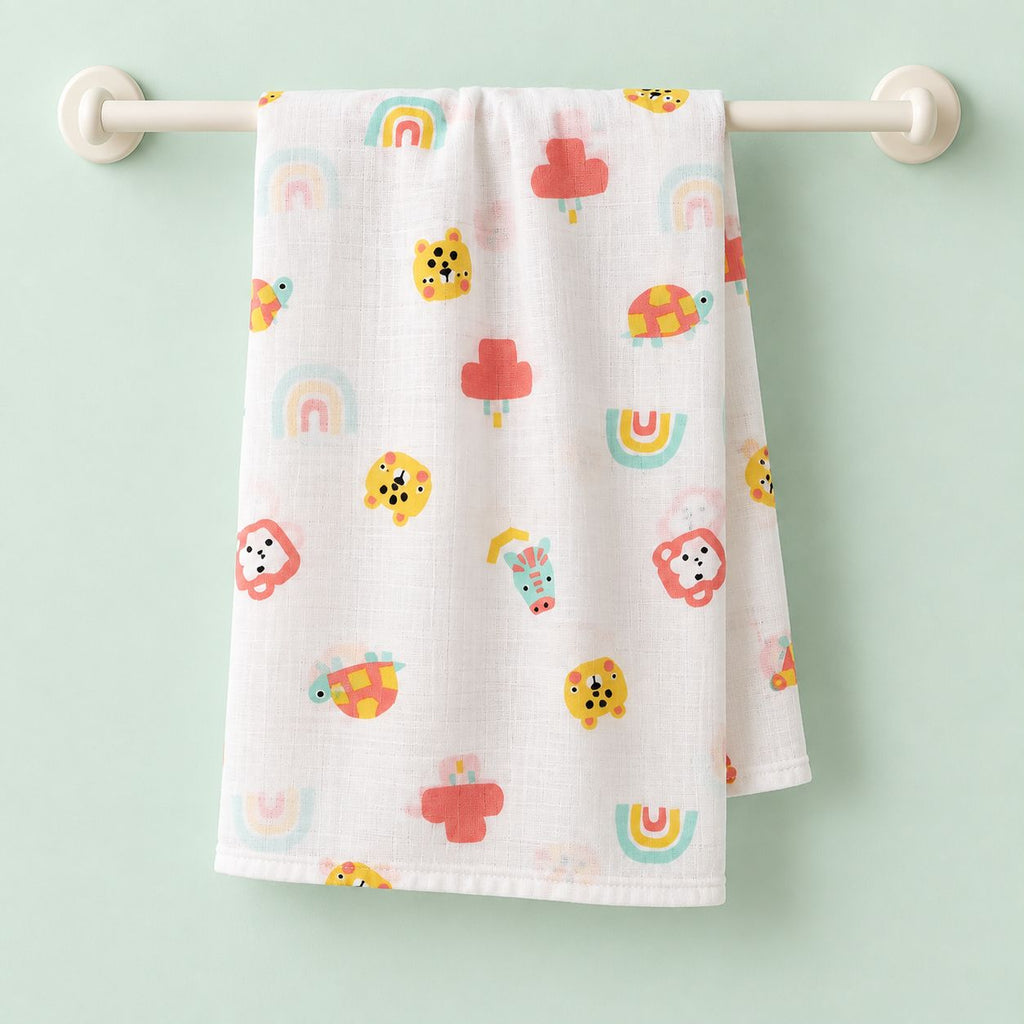 Cotton Muslin Baby Bath Towels 75 x 150 cm -  Safari Snuggles Print | Newborn & Infant