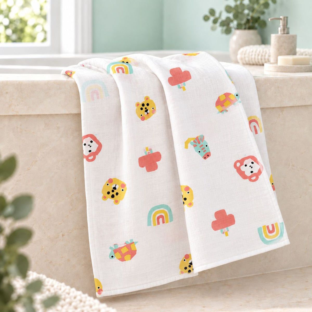 Cotton Muslin Baby Bath Towels 75 x 150 cm -  Safari Snuggles Print | Newborn & Infant