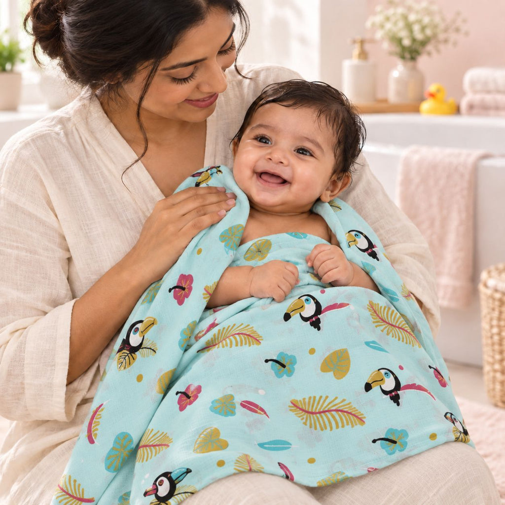 Cotton Muslin Baby Bath Towels 75 x 150 cm -  Tropical Toucans Print | Newborn & Infant