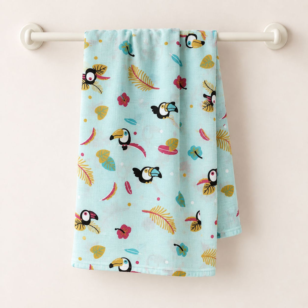 Cotton Muslin Baby Bath Towels 75 x 150 cm -  Tropical Toucans Print | Newborn & Infant