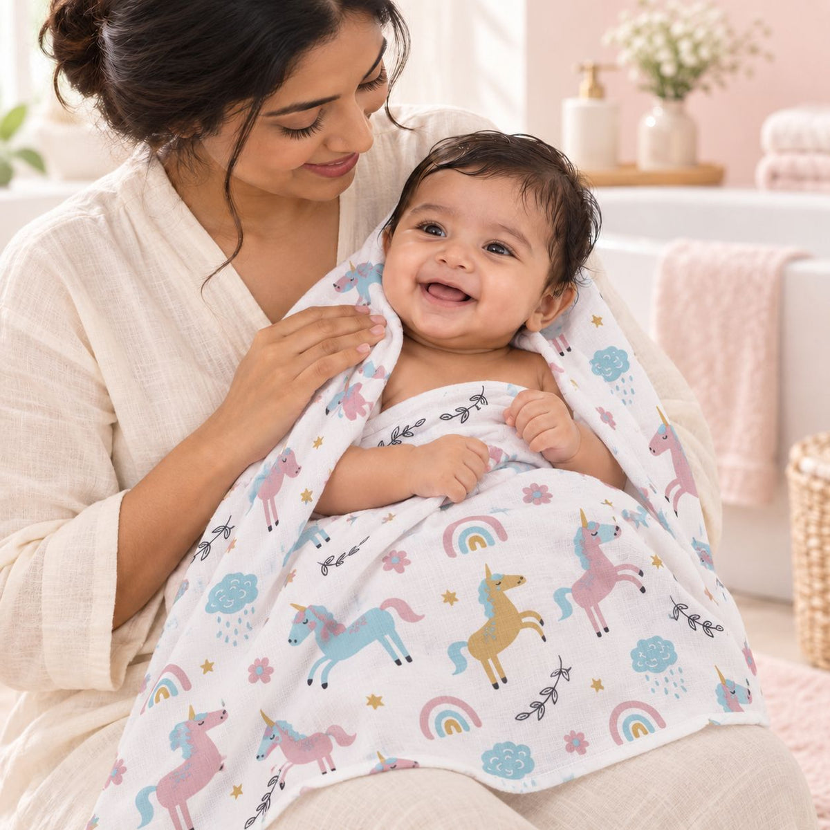 Cotton Muslin Baby Bath Towels 75 x 150 cm -  Unicorn Print | Newborn & Infant