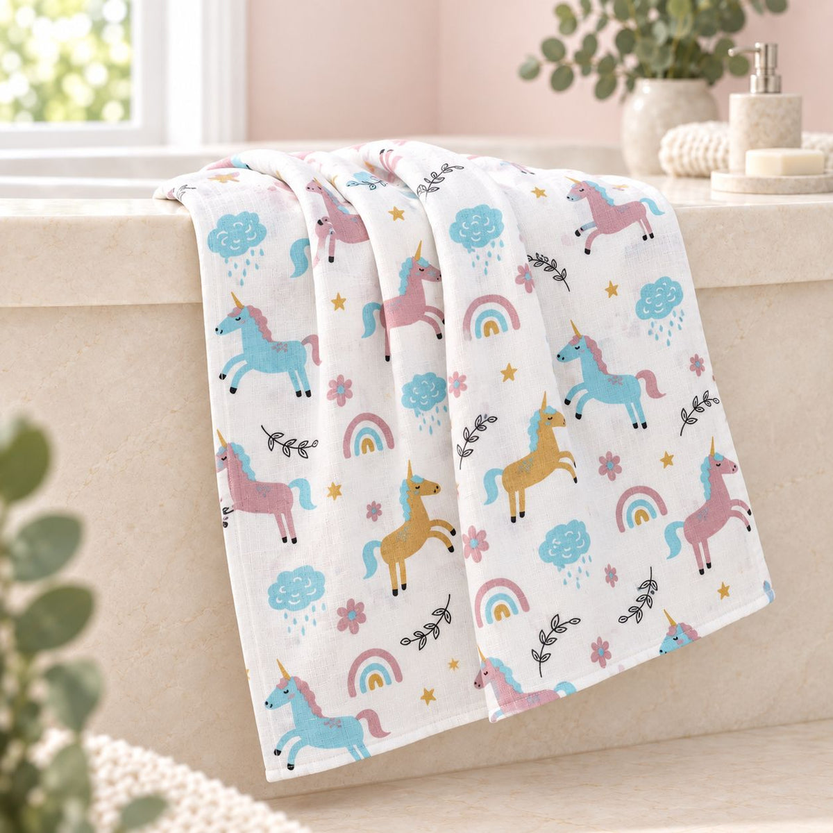 Cotton Muslin Baby Bath Towels 75 x 150 cm -  Unicorn Print | Newborn & Infant