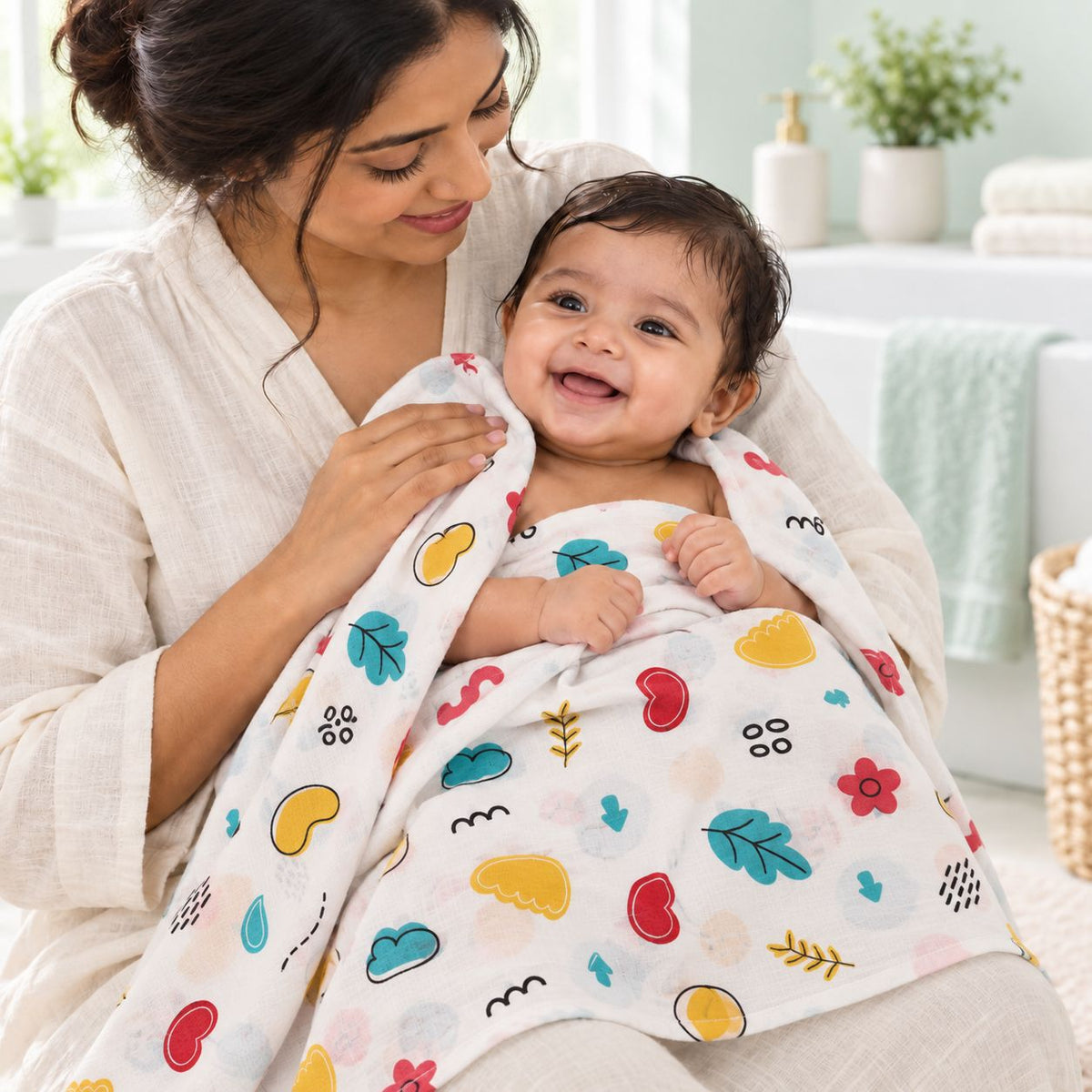 Cotton Muslin Baby Bath Towels 75 x 150 cm - Wild Doodles Print | Newborn & Infant