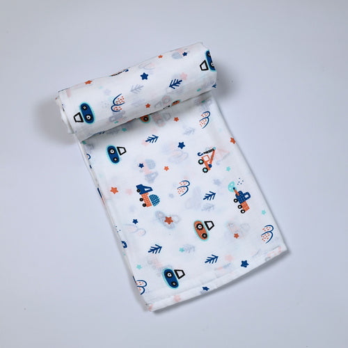 Crane Crew baby bath towel in white, printed with construction equipment vehicle pattern