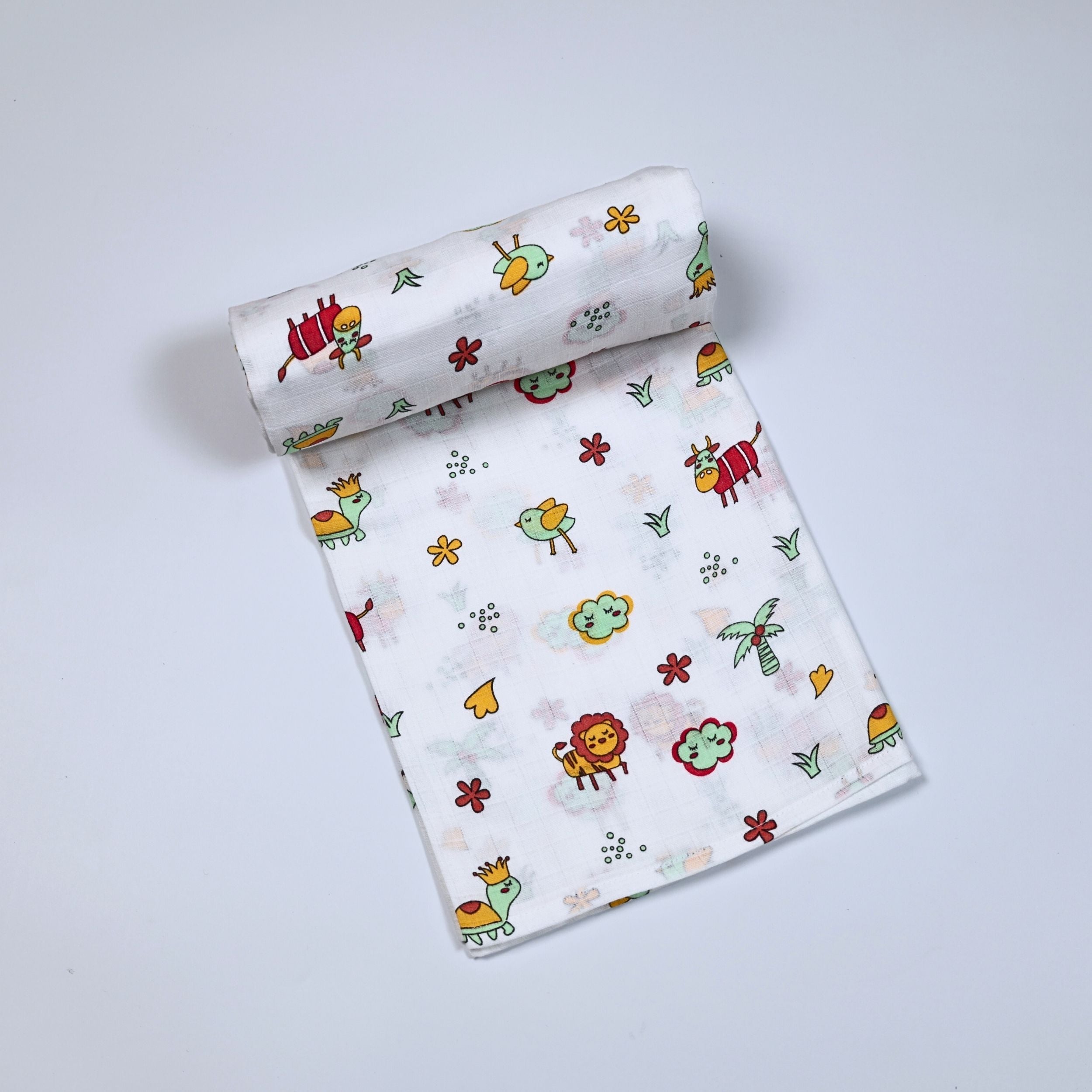 Farm Buddies baby bath towel in white, printed with birds and animals pattern