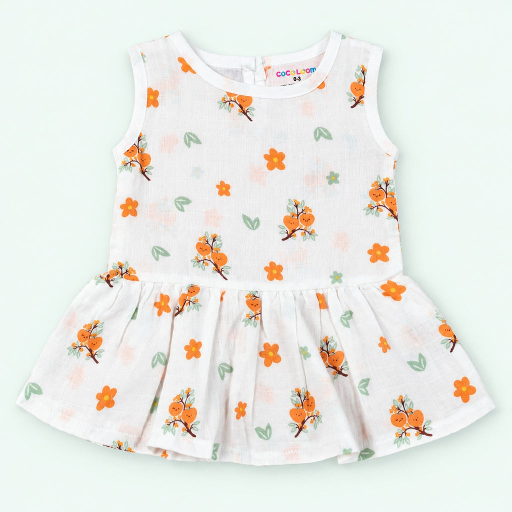 Cotton Muslin Baby Frock - Citrus Bloom Print | Button Closure| 0-3 Months