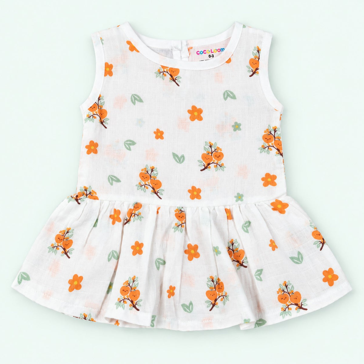 Cotton Muslin Baby Frock - Citrus Bloom Print | Button Closure| 0-3 Months