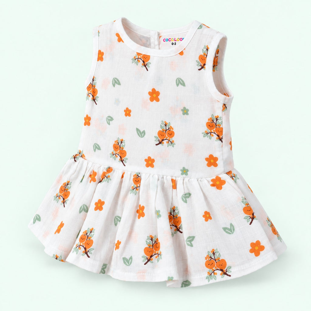 Cotton Muslin Baby Frock - Citrus Bloom Print | Button Closure| 0-3 Months