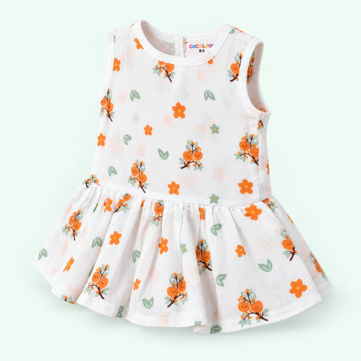 Cotton Muslin Baby Frock - Citrus Bloom Print | Button Closure| 0-3 Months