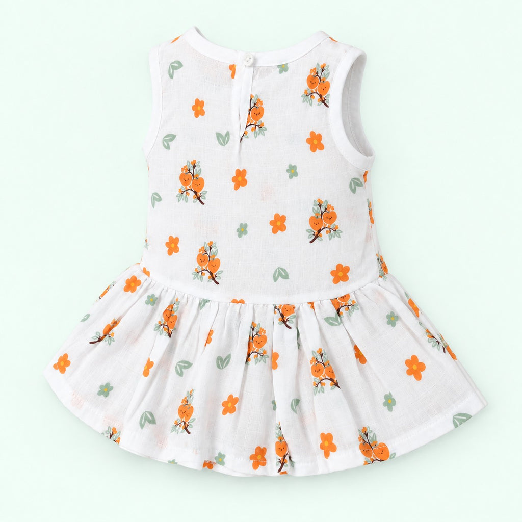 Cotton Muslin Baby Frock - Citrus Bloom Print | Button Closure| 0-3 Months