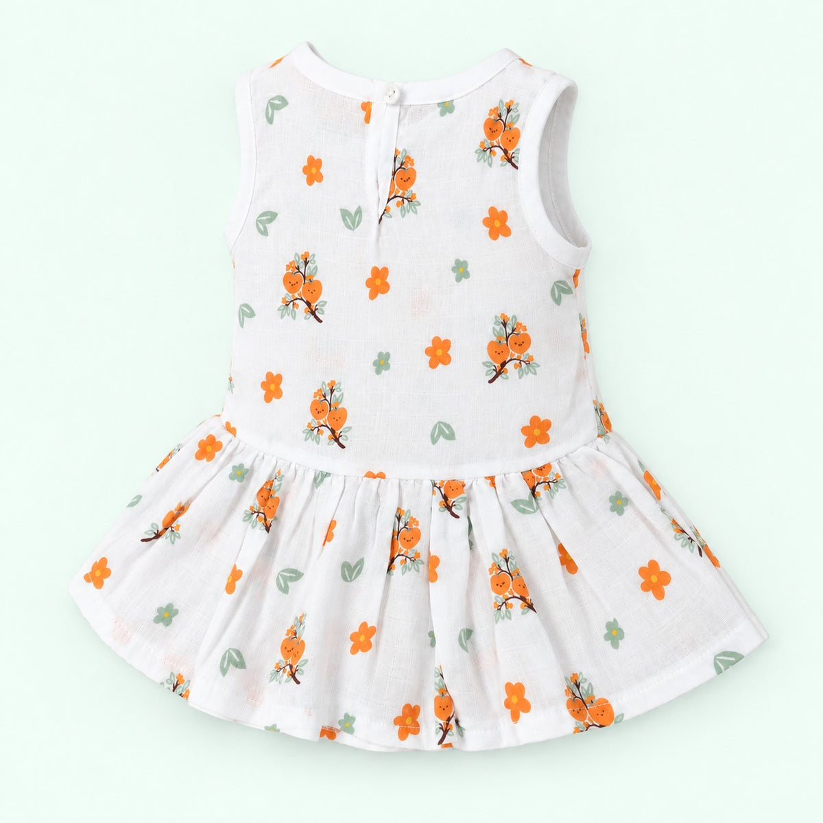 Cotton Muslin Baby Frock - Citrus Bloom Print | Button Closure| 0-3 Months