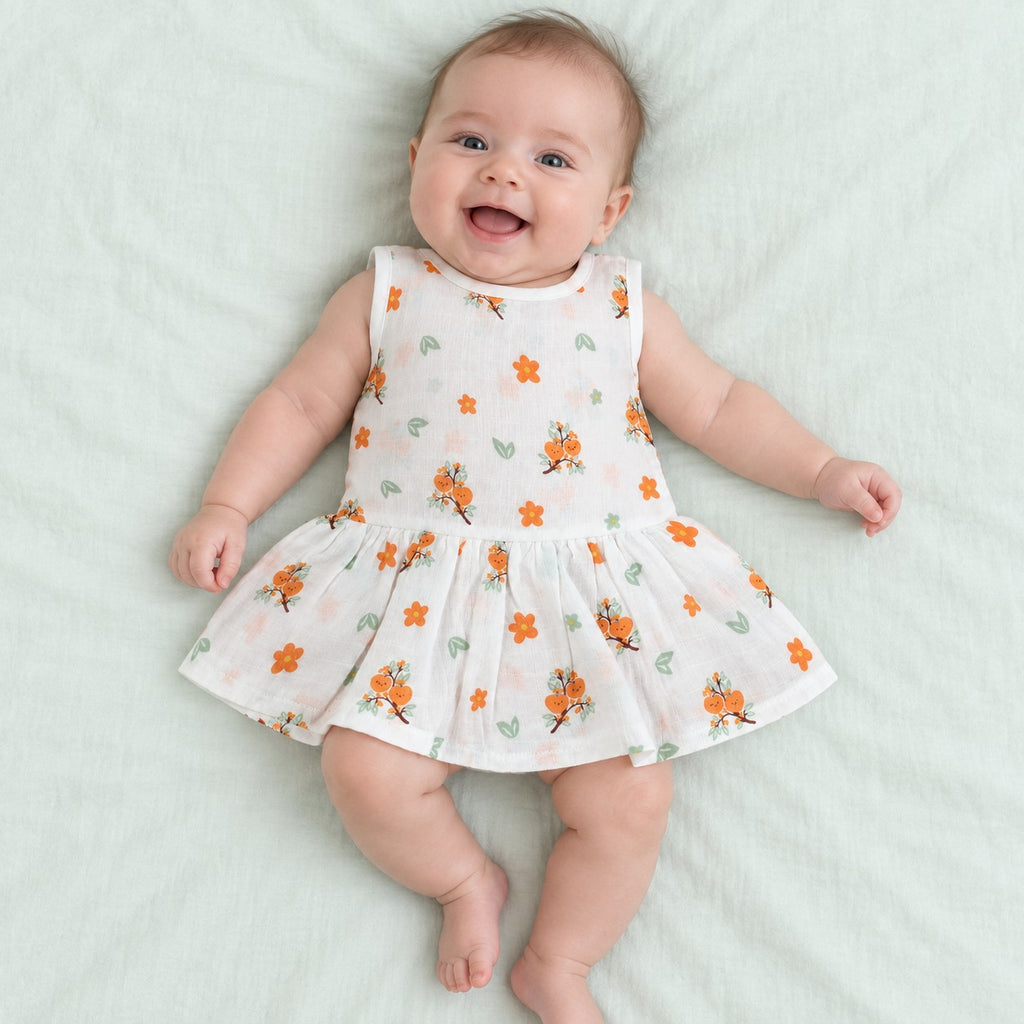 Cotton Muslin Baby Frock - Citrus Bloom Print | Button Closure| 0-3 Months