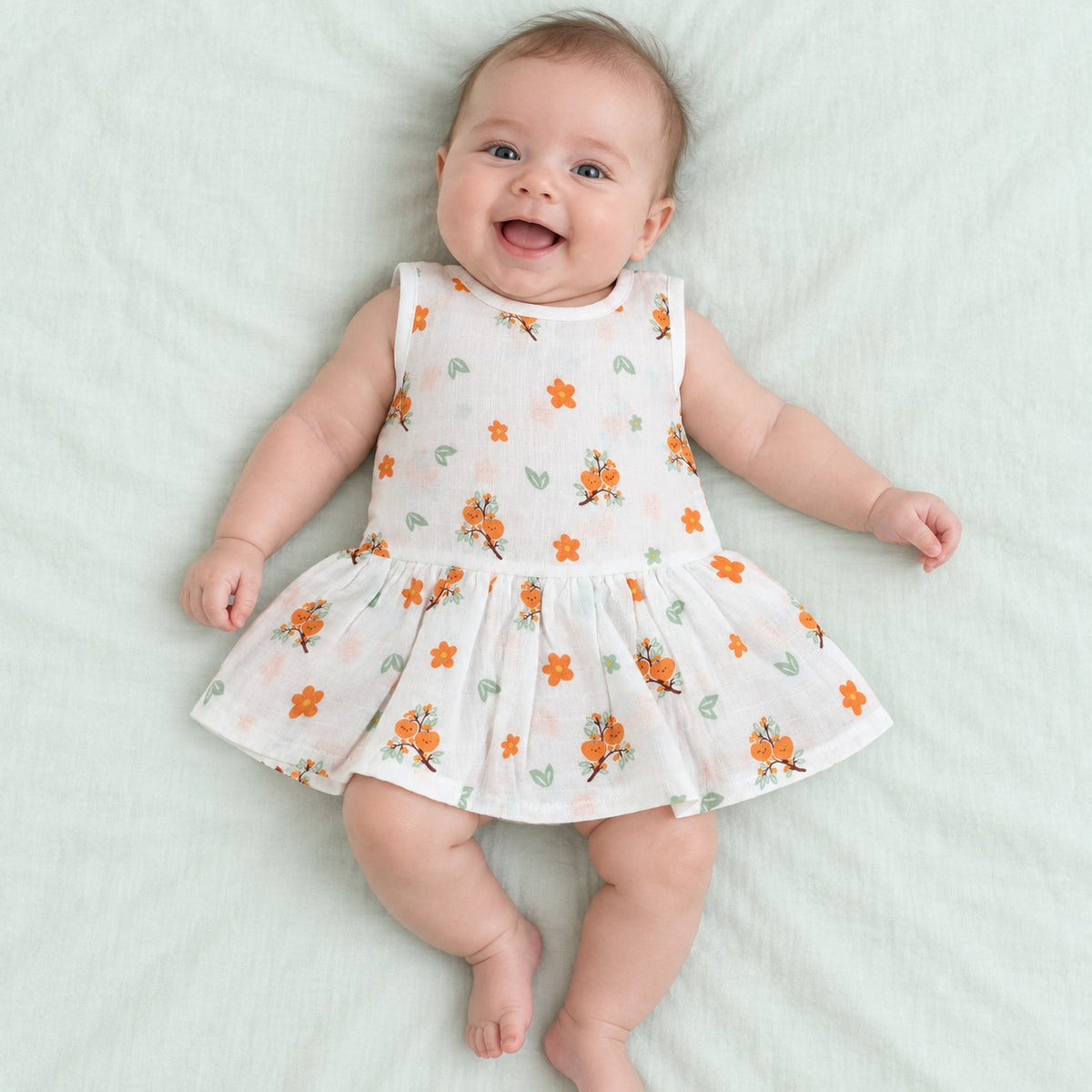 Cotton Muslin Baby Frock - Citrus Bloom Print | Button Closure| 0-3 Months