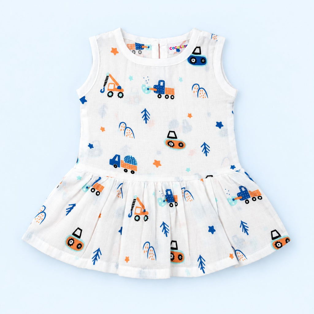 Cotton Muslin Baby Frock - Crane Crew Print | Button Closure | 0-3 Months