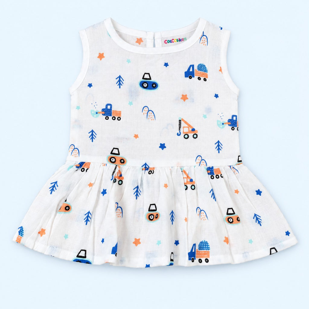 Cotton Muslin Baby Frock - Crane Crew Print | Button Closure | 6-12 Months