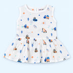 Cotton Muslin Baby Frock - Crane Crew Print | Button Closure | 6-12 Months